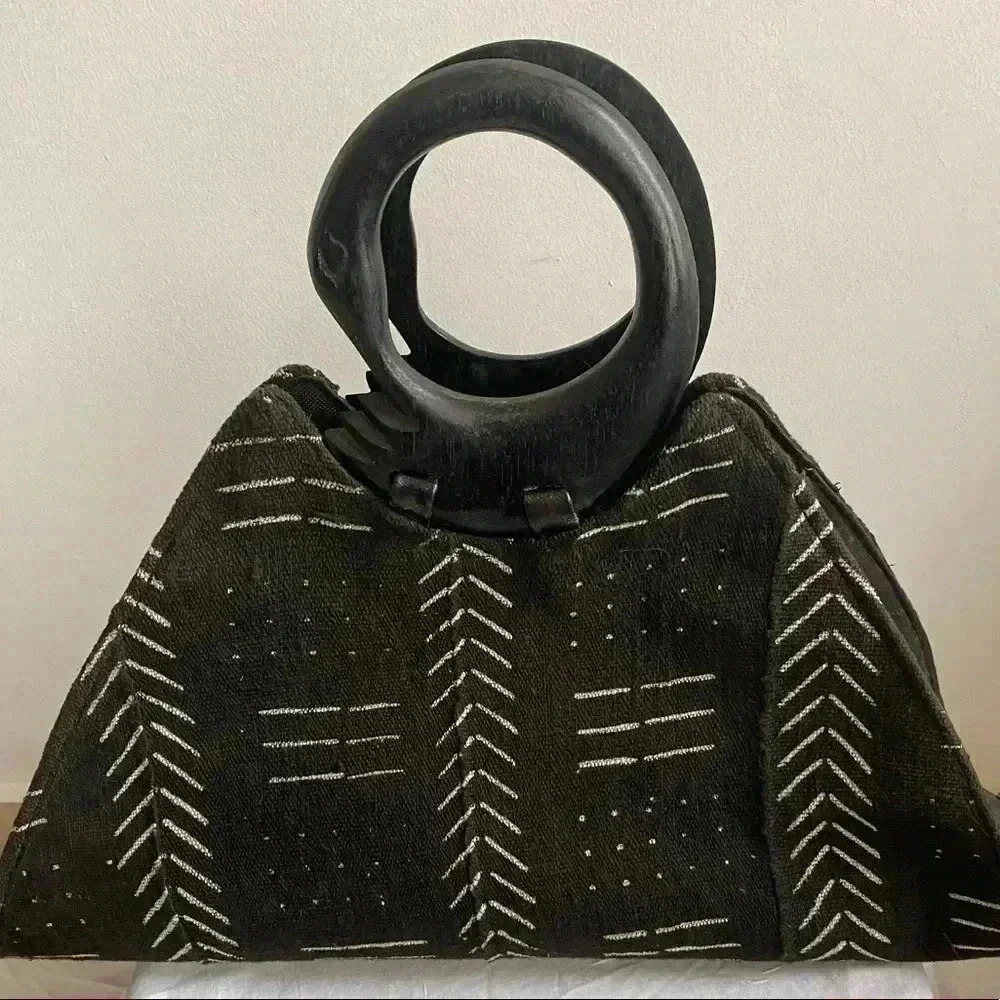 Handcrafted mud cloth leather satchel handbag